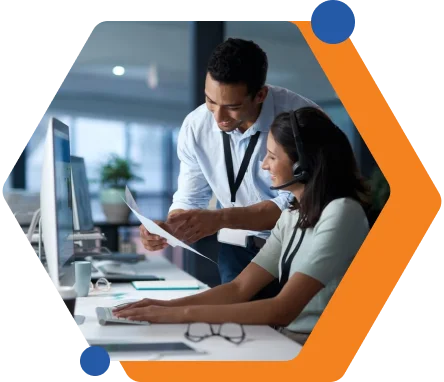 A sleek call center software application featuring a vibrant interface with call management and reporting functionalities