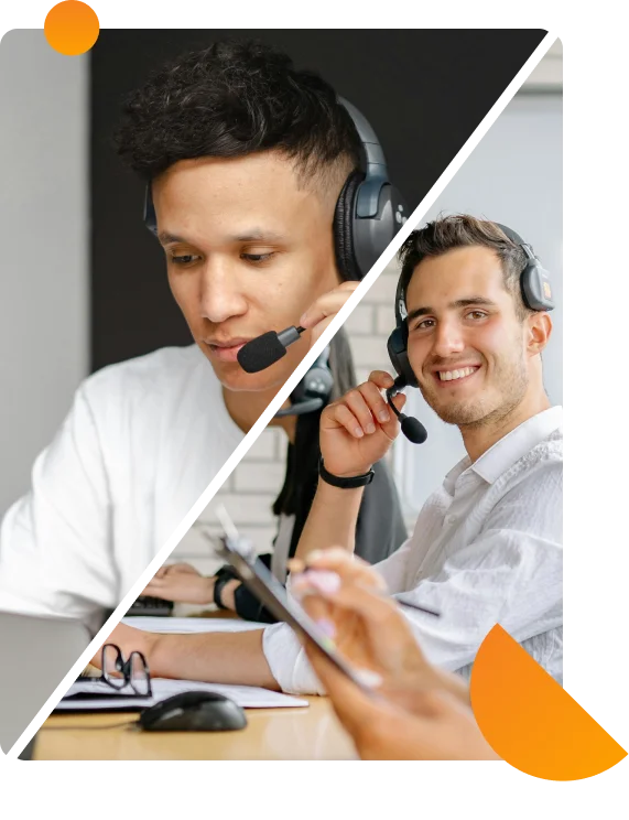 Two individuals wearing headsets, focused on their laptops and phones, engaged in collaborative work