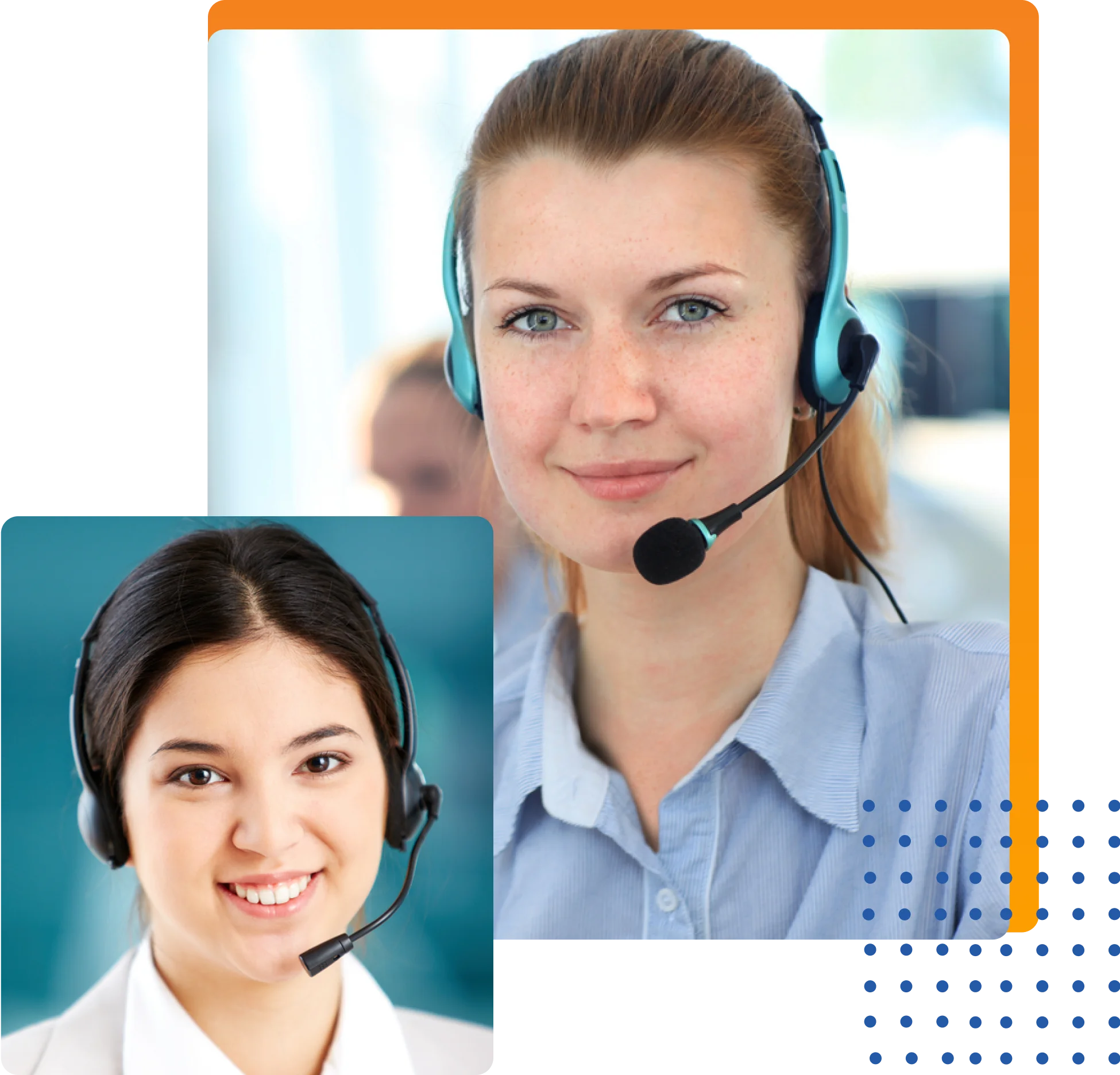 Two women wearing headsets, smiling and engaged in a conversation, showcasing a positive and collaborative atmosphere