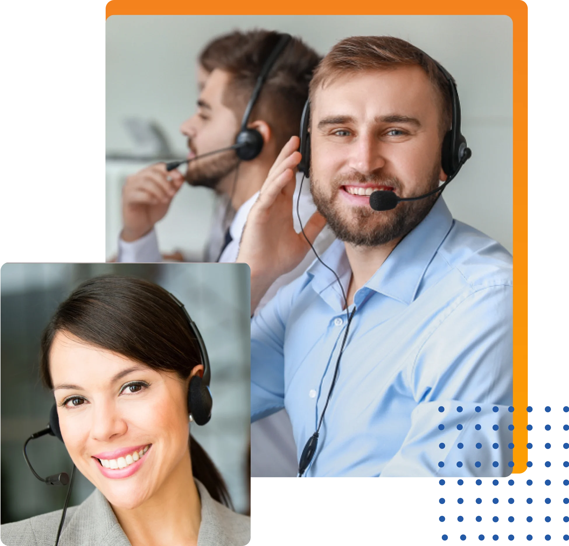 A team of call center and customer service agents actively communicating with customers, showing teamwork and efficiency
