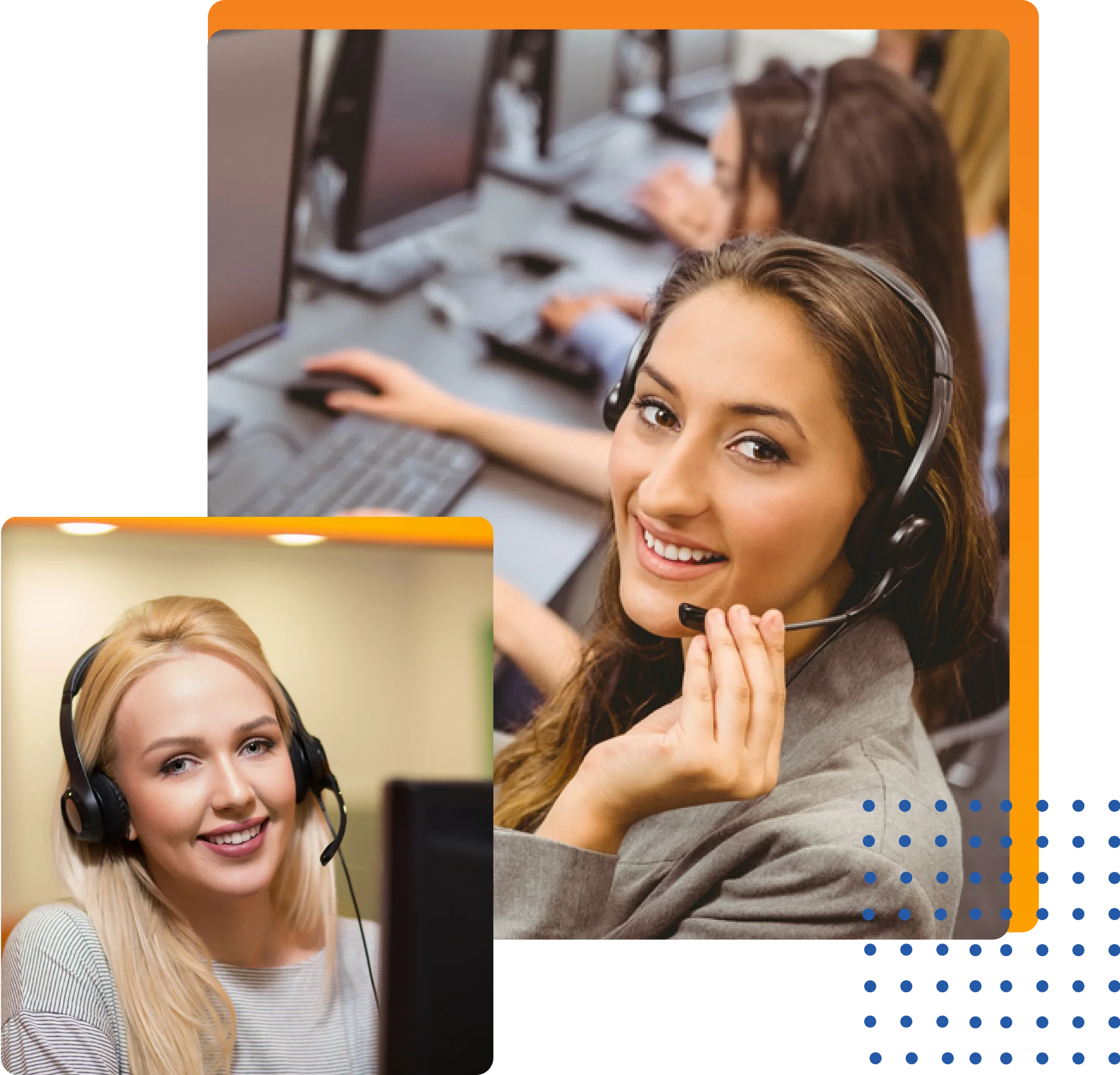 Two women wearing headsets are focused on their computers, collaborating in a professional work environment