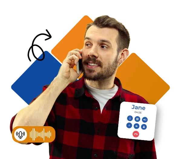 A man engaged in a phone conversation, with an eBay virtual assistant device visible on the table in front of him