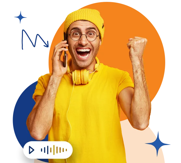 A man wearing a yellow shirt and glasses speaks on the phone, illustrating a finance answering service in action