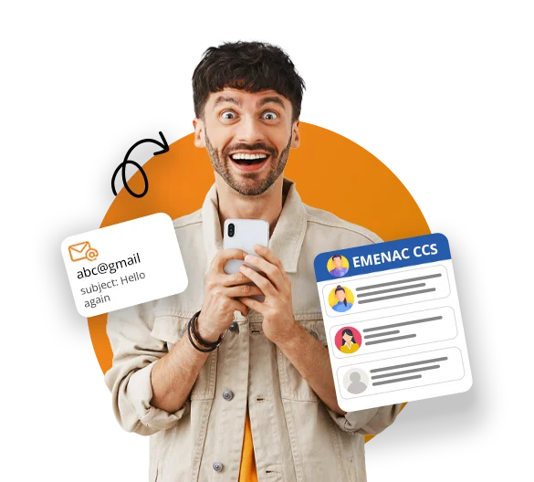 A man is seen with a phone and a card showcasing a social media icon, illustrating a small business answering service.