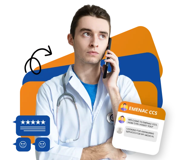 Male doctor using a phone while looking at a computer, representing a virtual medical assistant in action
