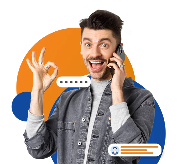 A man gesturing with his hands while speaking on the phone, illustrating web design and development VA expertise