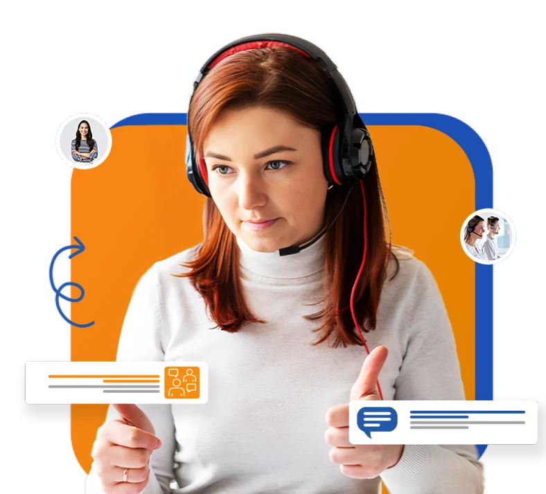 A woman wearing headphones gives a thumbs up, representing a contractor answering service with confidence and satisfaction